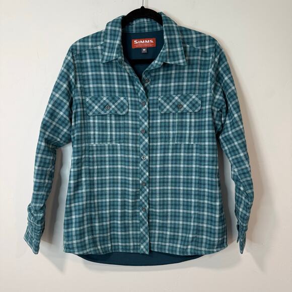 Simms Women's Guide Insulated Shirt Button Front Lined Plaid Teal Blue Medium - Picture 1 of 7